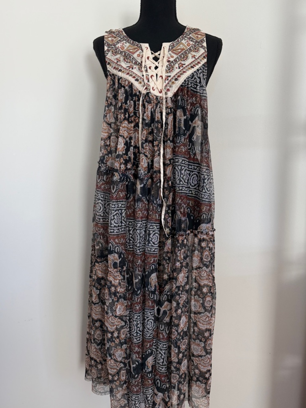 Free People Mixed-Print Lace-Up Maxi Top in Black and Brown